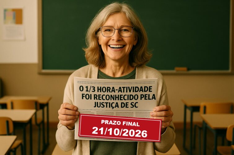 Professora segurando jornal: 1/3 hora-atividade reconhecido pela Justiça de SC, prazo final 21/10/2026
