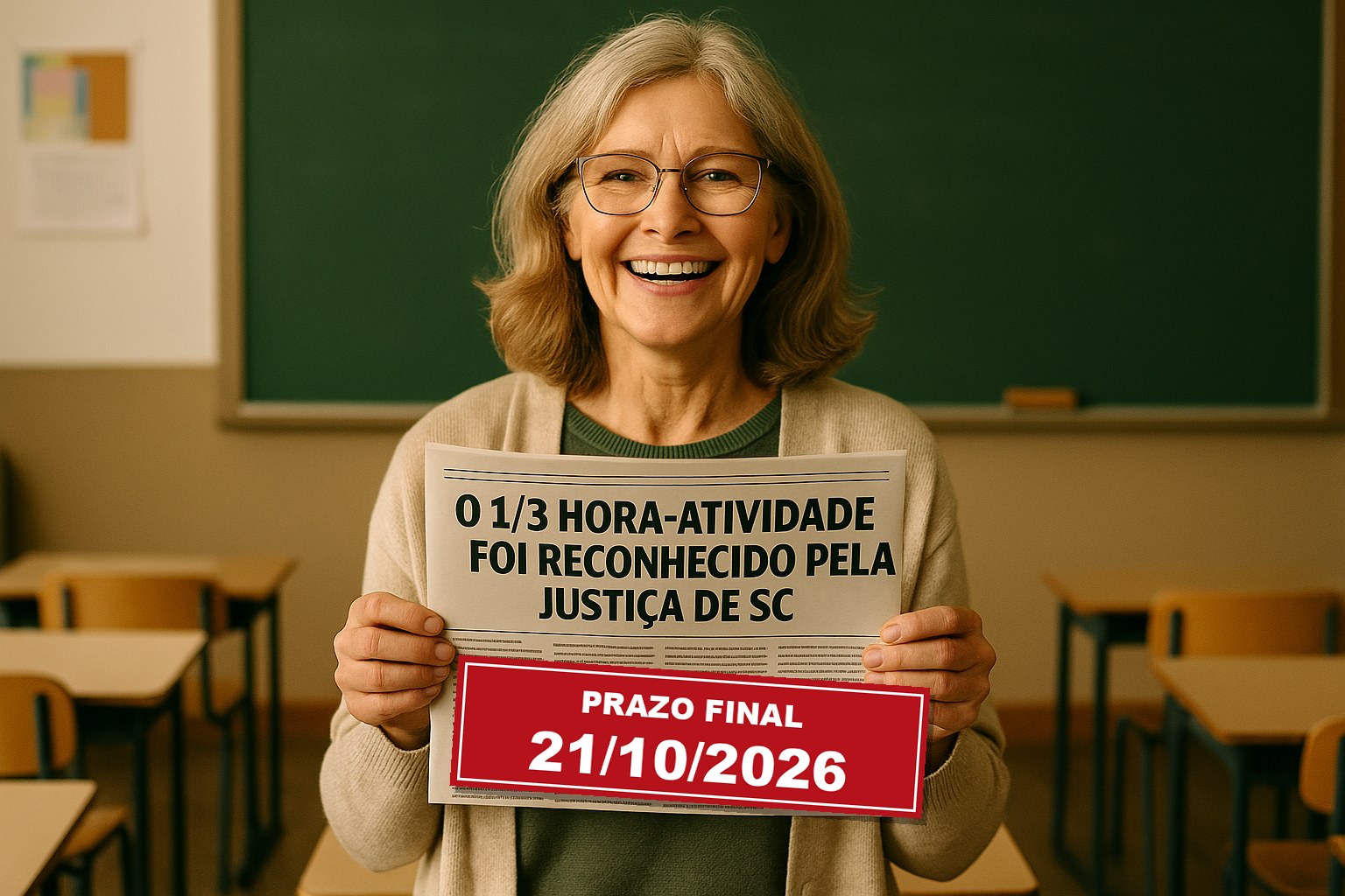 Professora segurando jornal: 1/3 hora-atividade reconhecido pela Justiça de SC, prazo final 21/10/2026